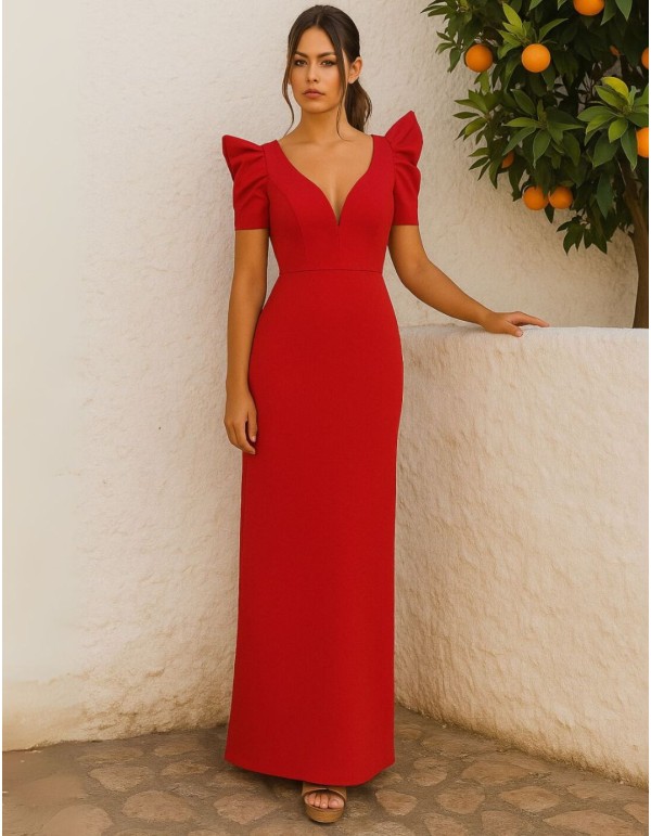 Robe longue élégante avec décolleté en V et manches papillon