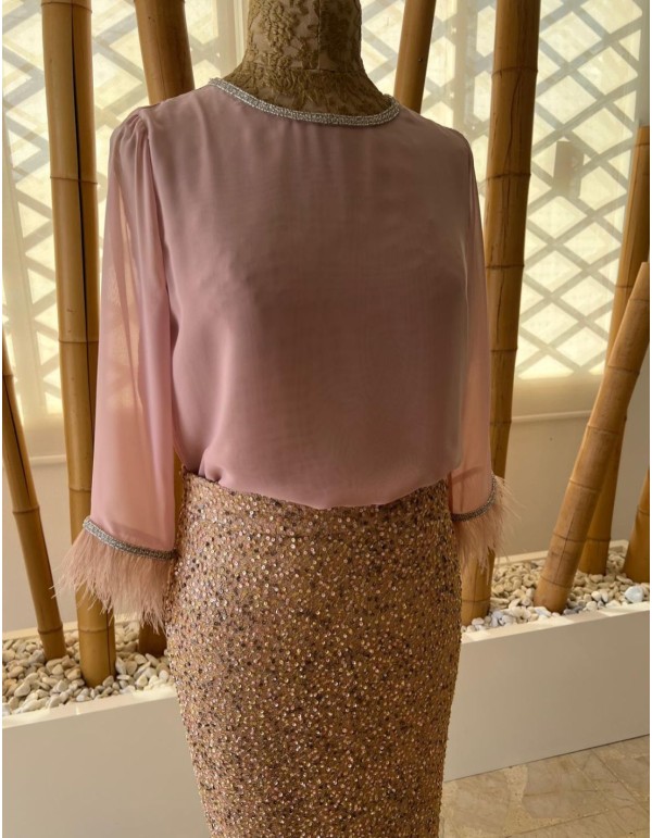 Top elegante con cuello cerrado y detalle de plumas rosa empolvado 2