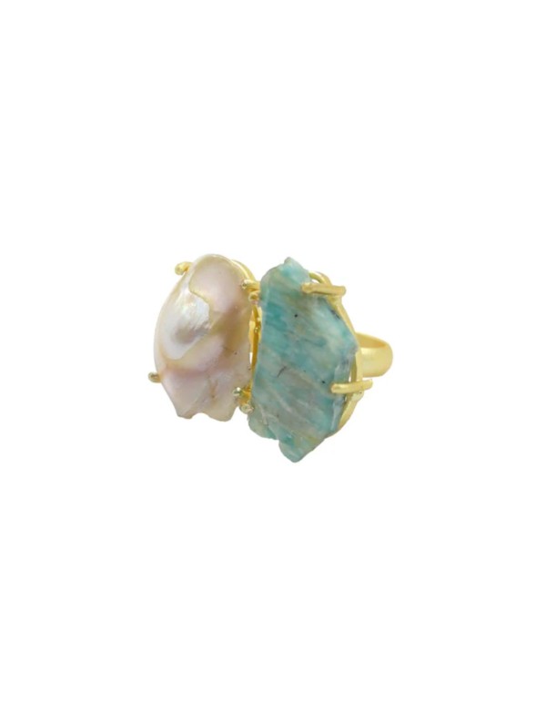 Gold ring with baroque pearls and natural aquamarine stone