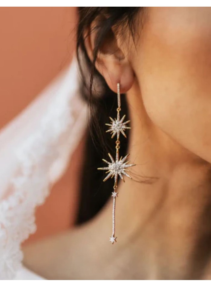 Pendientes largos en plata de estrellas con circonitas