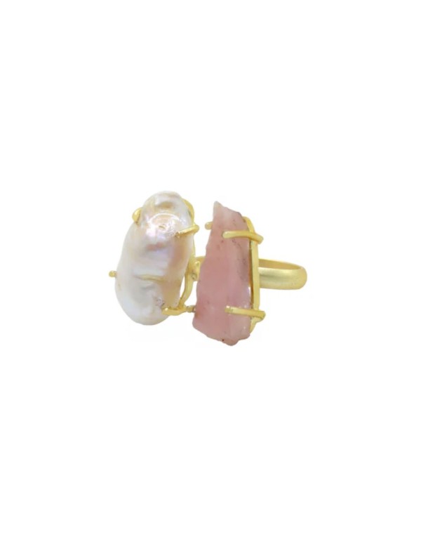 Adjustable ring with pink stone and baroque pearl