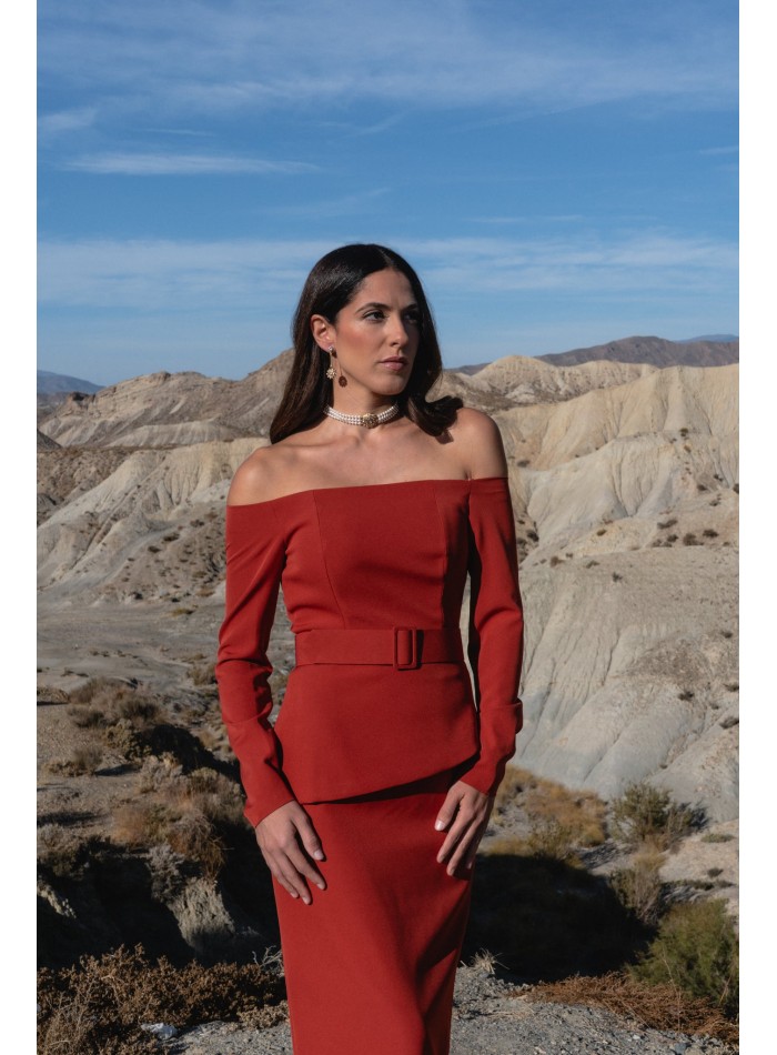 Two-piece set with asymmetrical bardot top and...