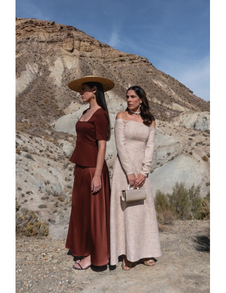 Tweed midi dress with Bardot neckline and flared skirt