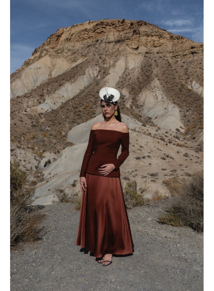 Guest ensemble with bardot neckline top and...