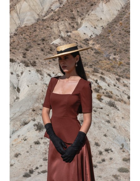 Brown two-piece set with satin top and flared skirt