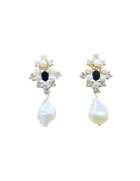 Longues boucles d'oreilles avec pierre noire, zircon et perle