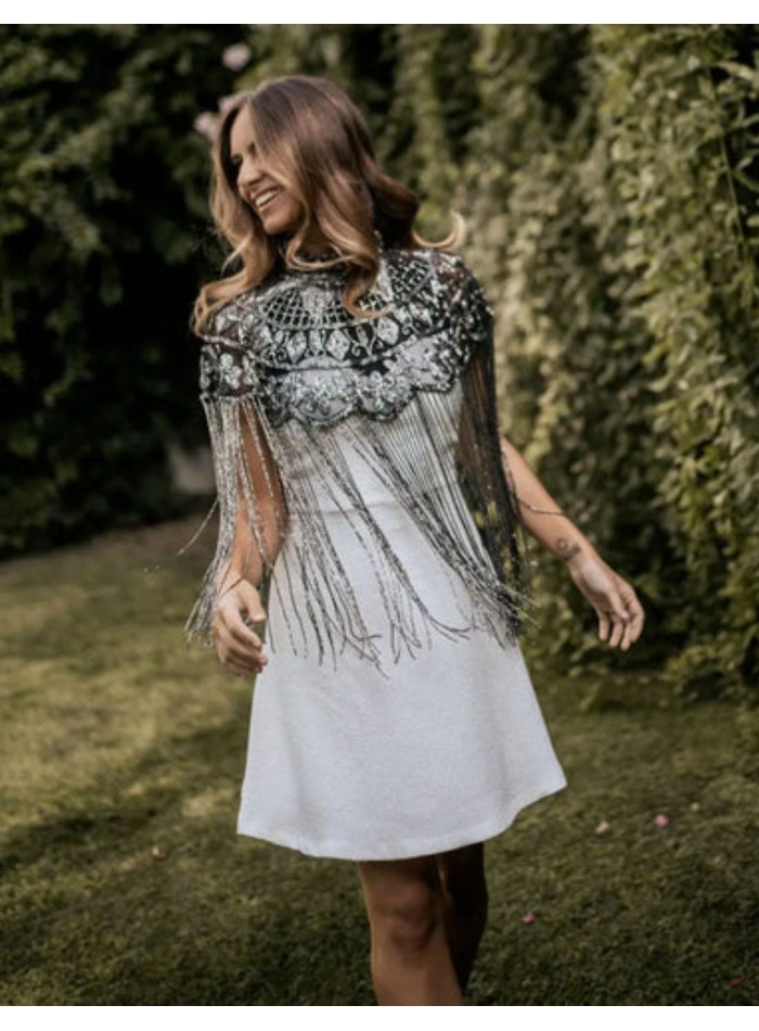 Jeweled cape with sequin embroidery and...