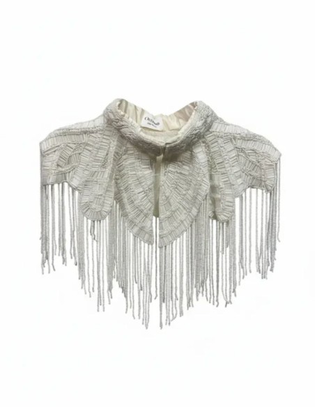Bridal cape with beaded embroidery in delicate lines