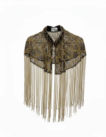 Jeweled cape with geometric embroidery and flowing drape