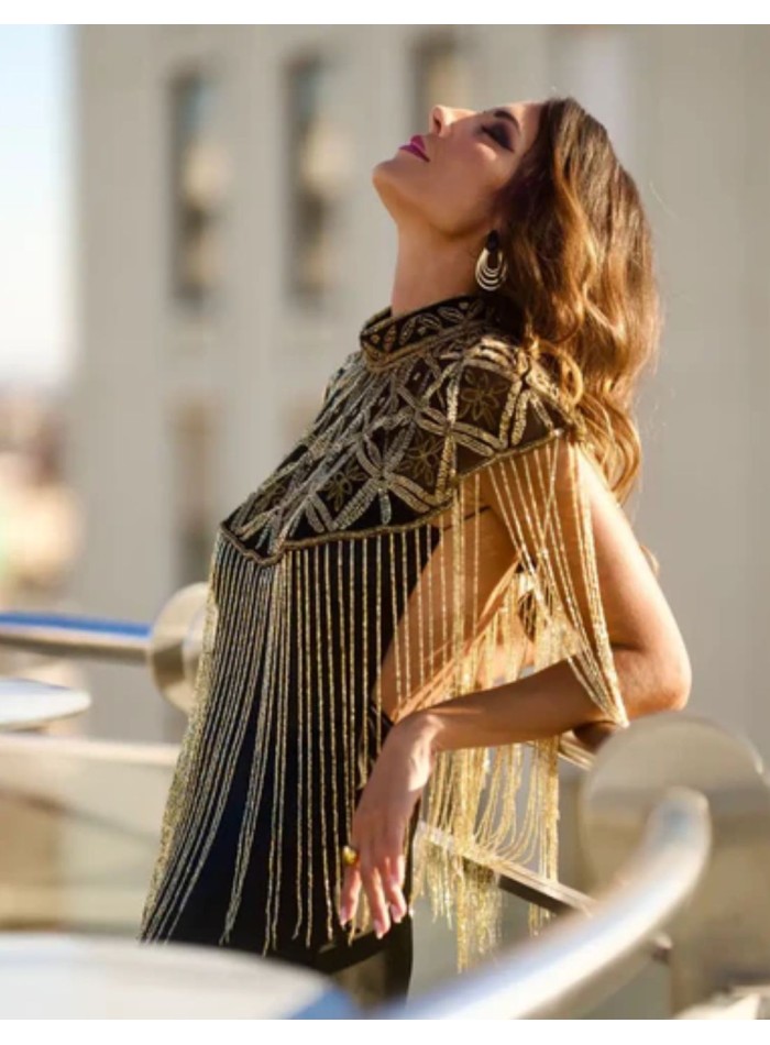 Jeweled cape with geometric embroidery and...