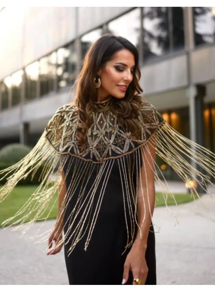 Jeweled cape with geometric embroidery and...