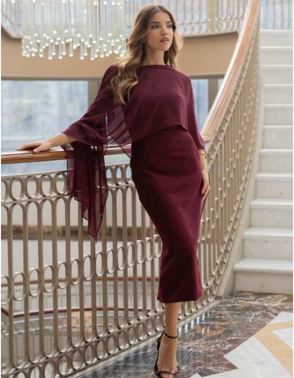 Midi dress with asymmetrical burgundy neckline and...
