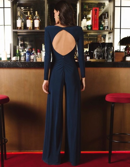 Navy blue jumpsuit with ruched bodice and open back