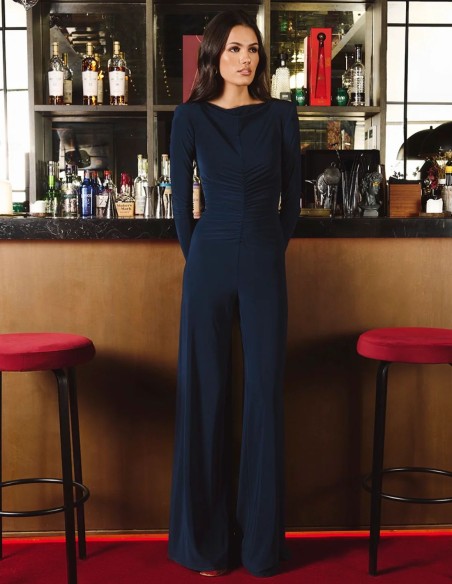 Navy blue jumpsuit with ruched bodice and open back