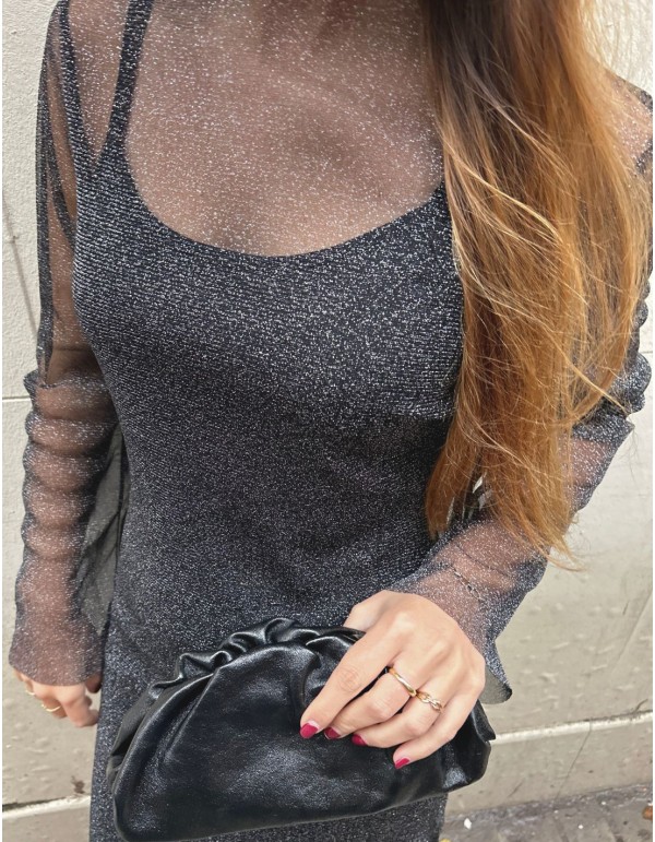 Long dress with shiny fabric and transparencies 2