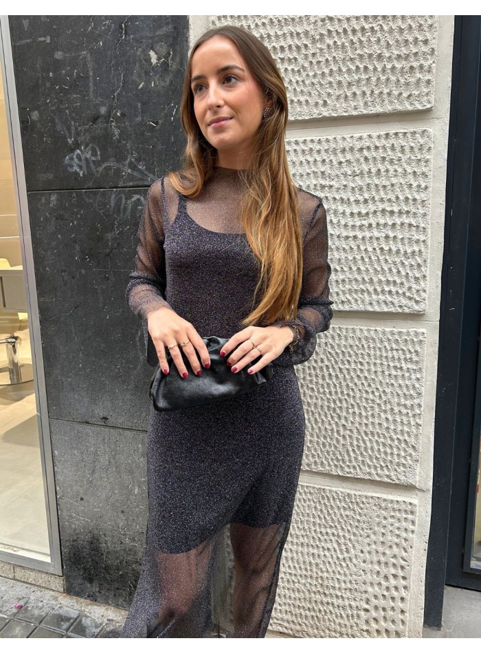 Vestido largo con tejido de brillo y...