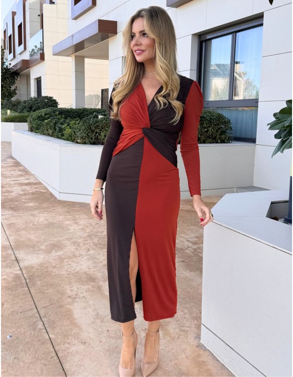 Two-tone brown and russet midi dress with knot detail at... 2
