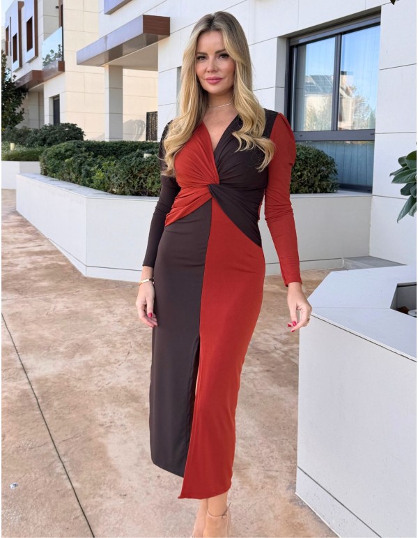 Two-tone brown and russet midi dress with knot detail at...