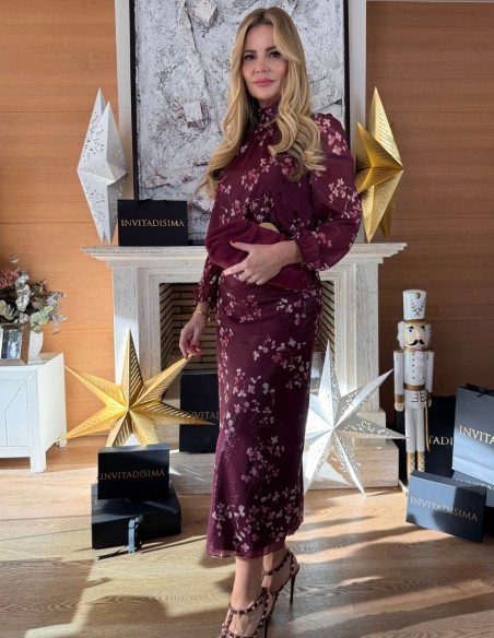 Maroon floral print two-piece ensemble