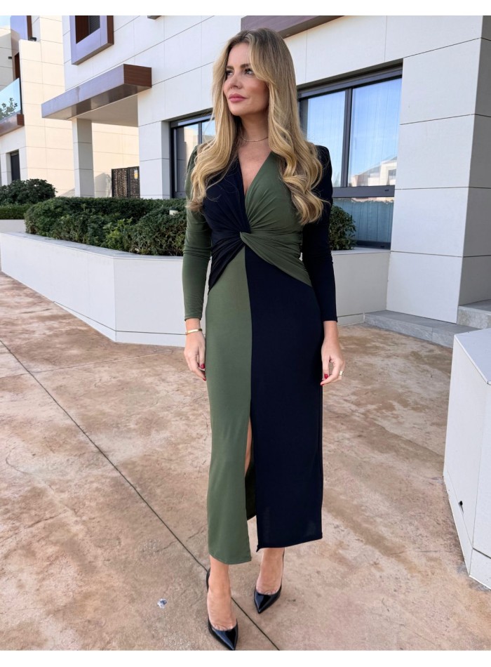 Bicolor green and black midi dress with knot...