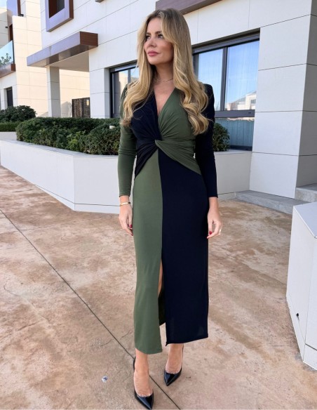Bicolor green and black midi dress with knot detail on the neckline