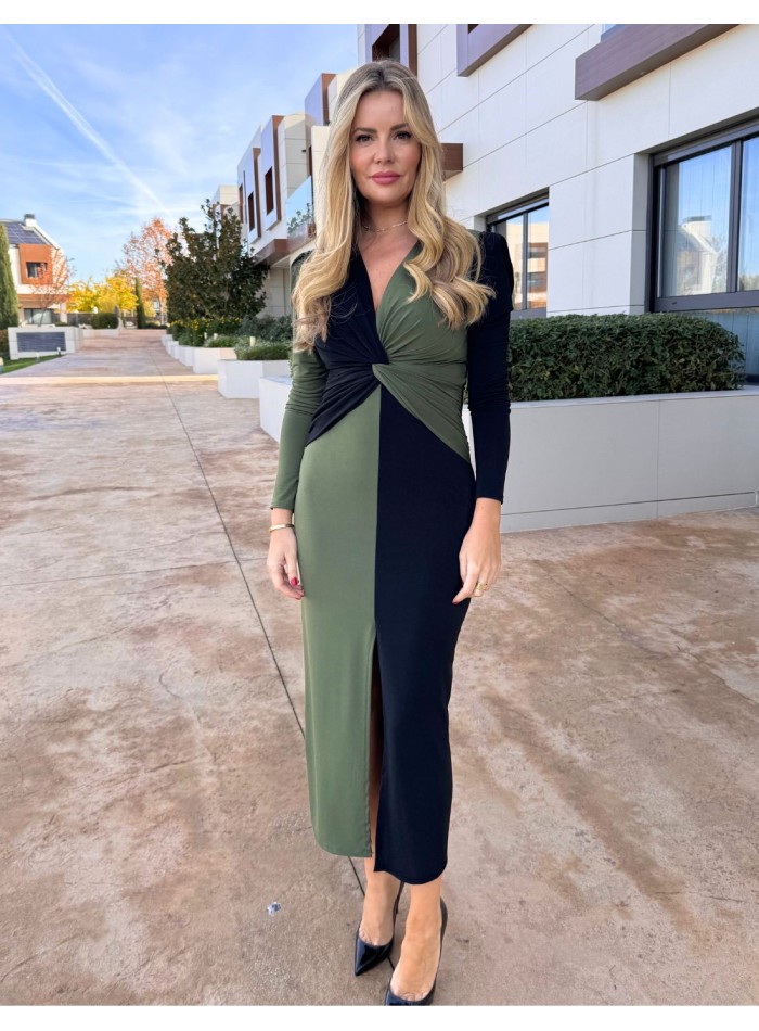 Bicolor green and black midi dress with knot...