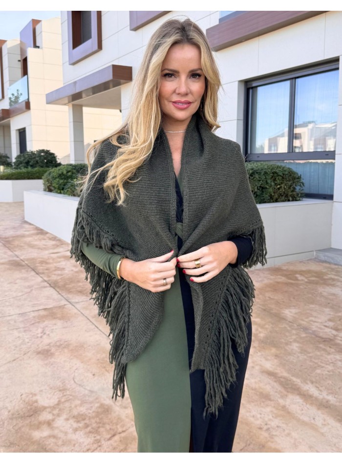 Fringed poncho for wedding guests in green