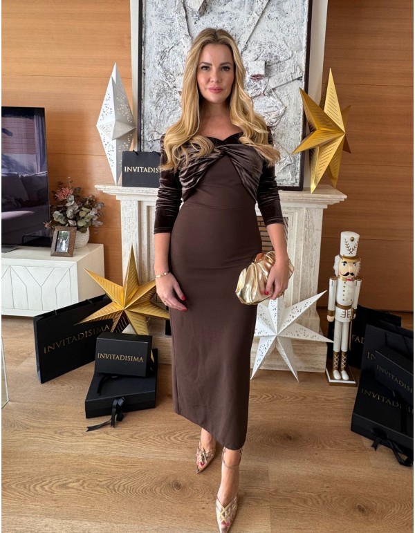 Robe midi en velours marron avec encolure bardot pour une...