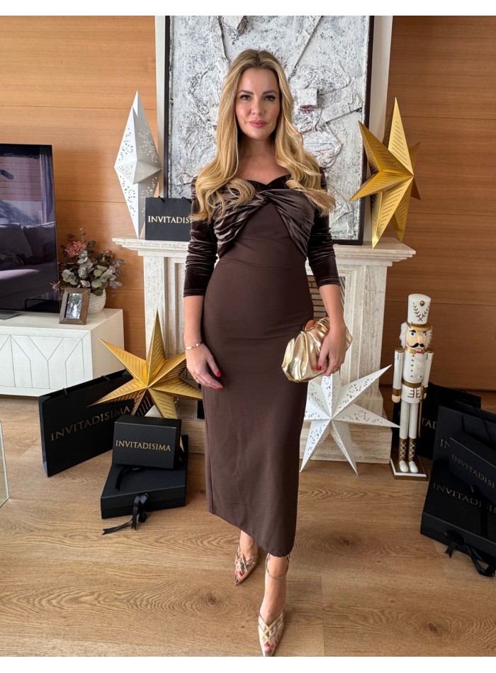 Guest midi dress with bardot neckline in brown...