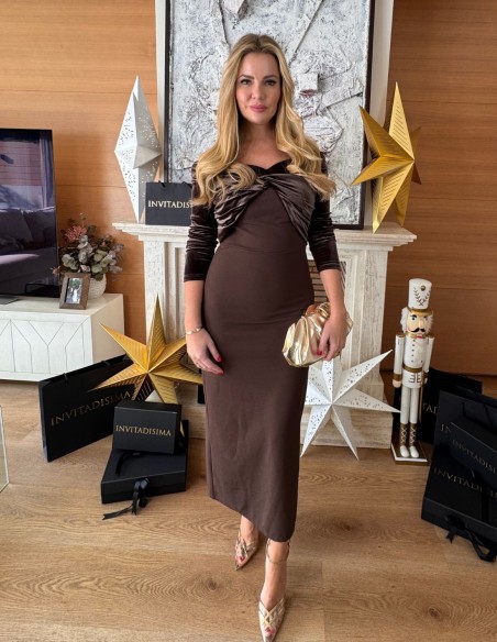 Guest midi dress with bardot neckline in brown velvet