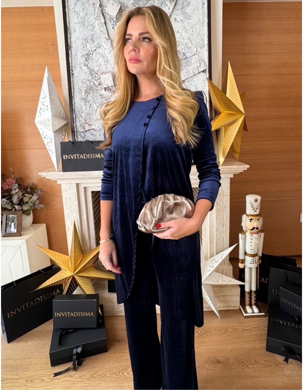 Conjunto de terciopelo azul marino con kaftan y...