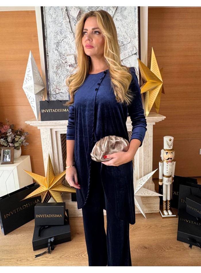 Ensemble en velours bleu marine avec kaftan et...