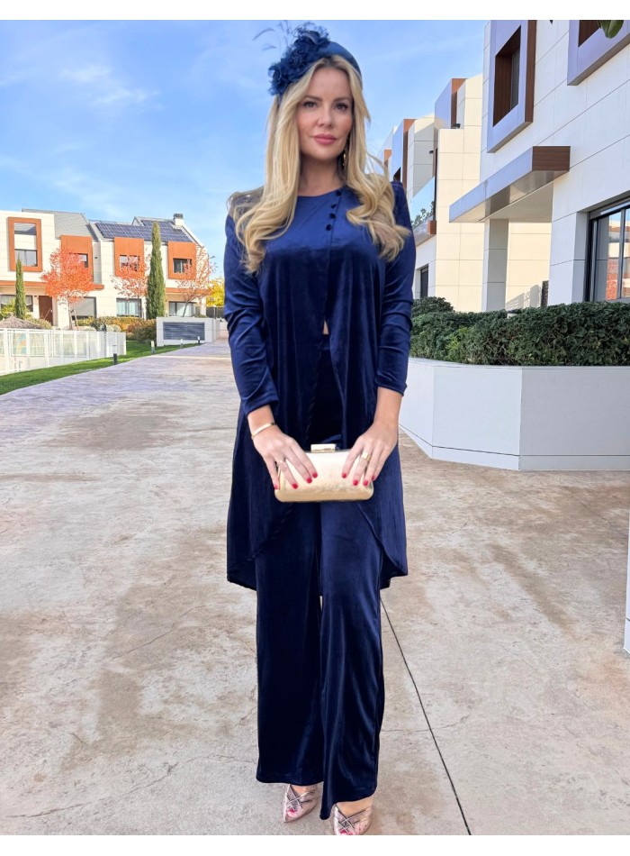 Navy blue velvet ensemble with kaftan and...