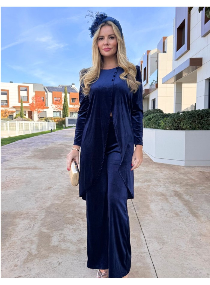 Navy blue velvet ensemble with kaftan and...