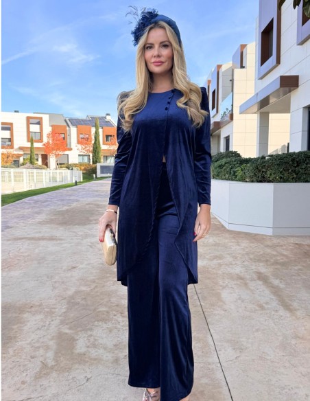 Conjunto de terciopelo azul marino con kaftan y pantalones palazzo