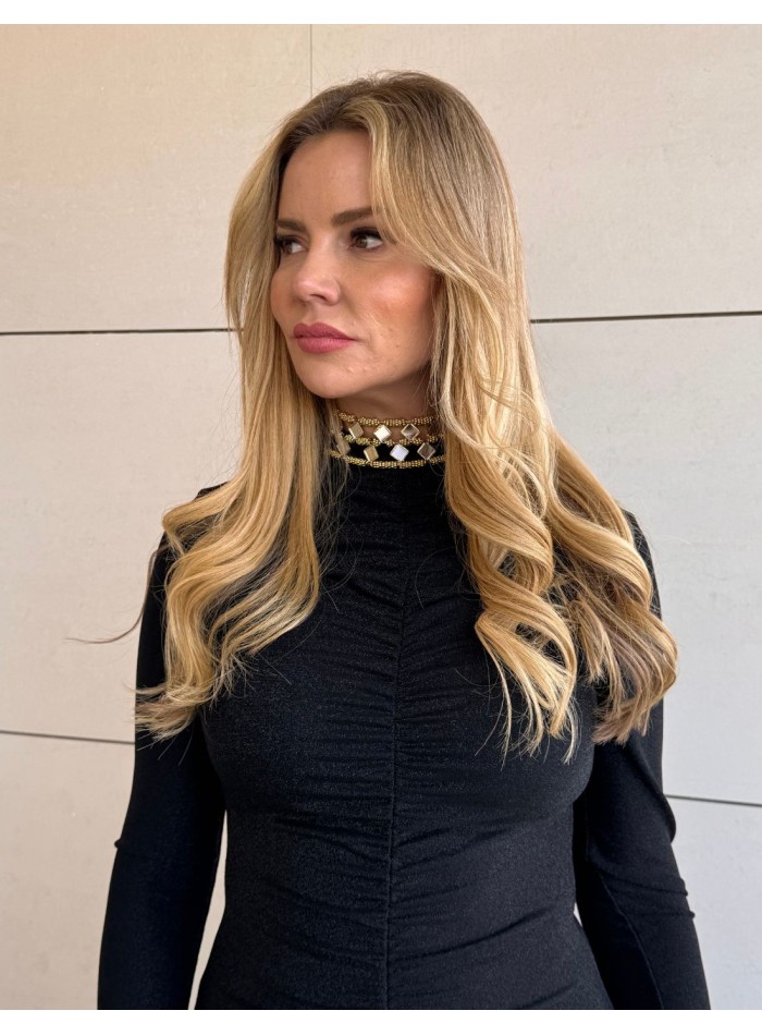 Vestido midi con fruncido y tejido negro de brillo