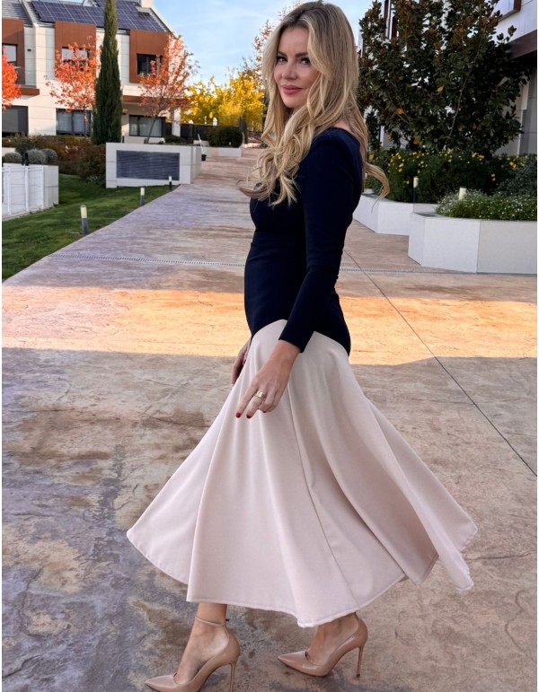 Vestido midi marino bicolor con bajo de volante 2