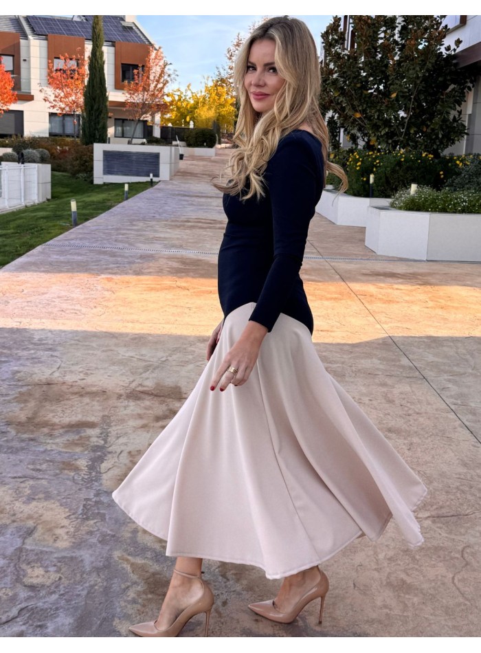 Two-tone navy midi dress with ruffle hemline