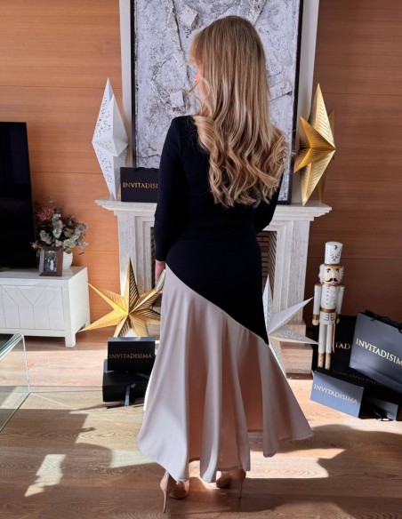 Vestido midi marino bicolor con bajo de volante