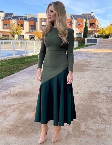 Two-tone green midi dress with ruffle hemline