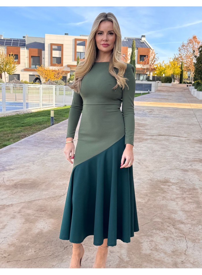 Two-tone green midi dress with ruffle hemline