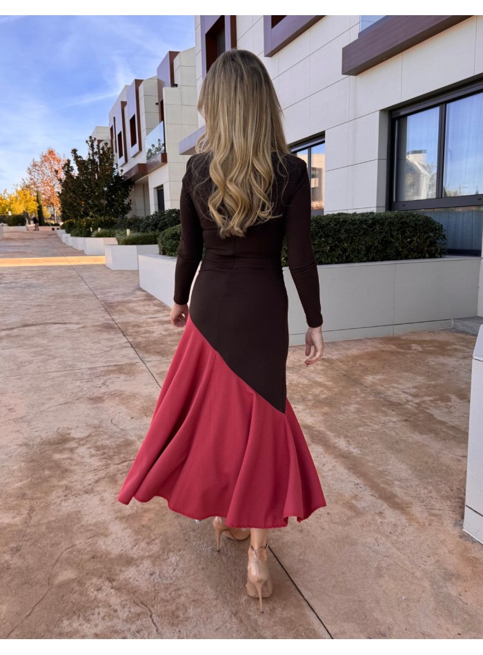 Two-tone brown midi dress with ruffle hemline