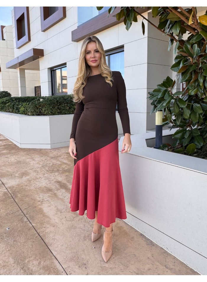 Two-tone brown midi dress with ruffle hemline