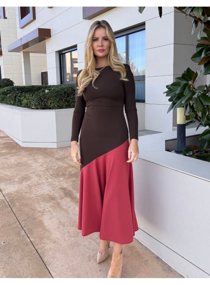 Two-tone brown midi dress with ruffle hemline