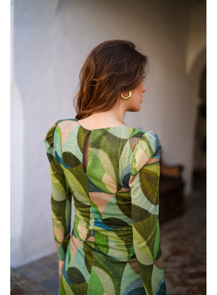 Robe de cocktail imprimée verte avec paillettes...