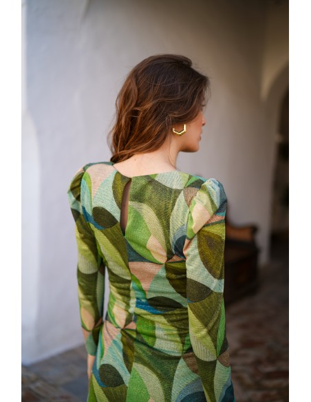 Robe de cocktail imprimée verte avec paillettes et manches longues