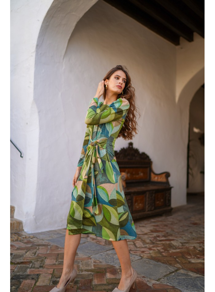 Robe de cocktail imprimée verte avec paillettes...