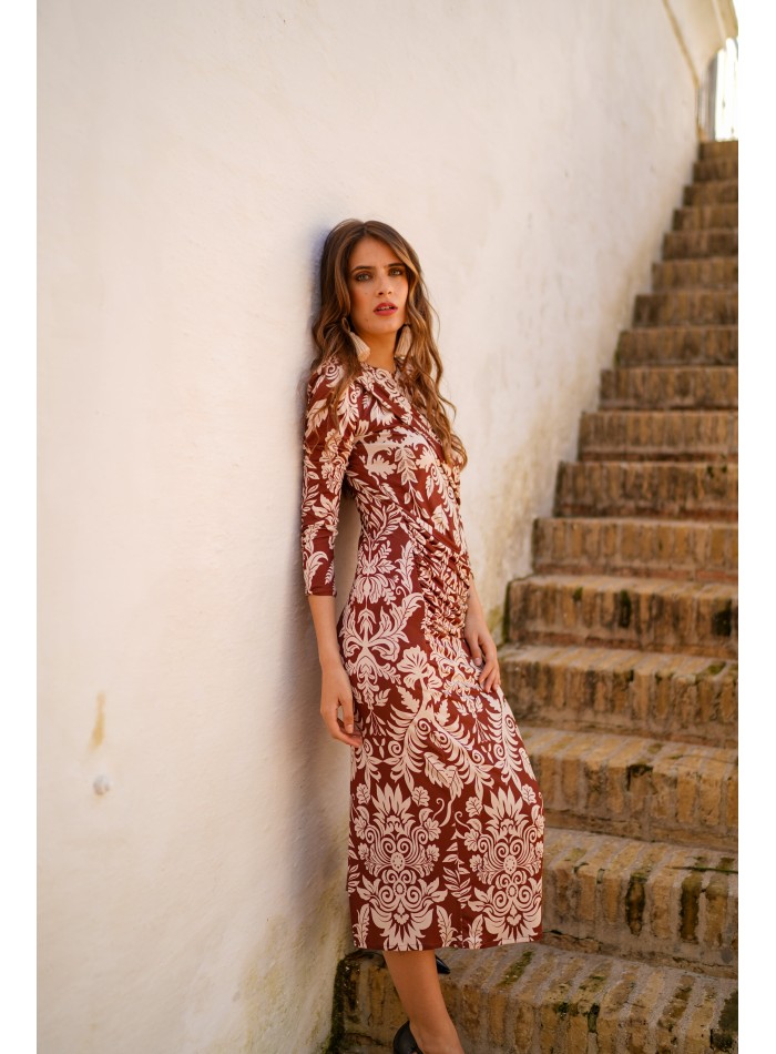 Draped printed knitted dress with long sleeves