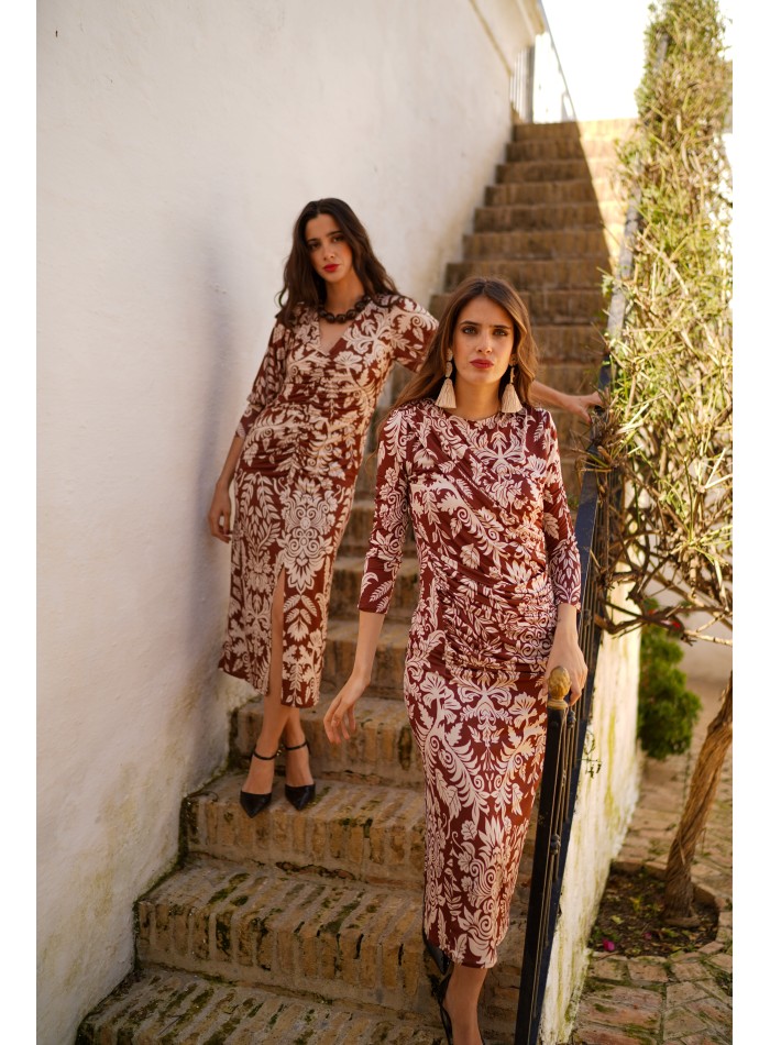 Draped printed knitted dress with long sleeves