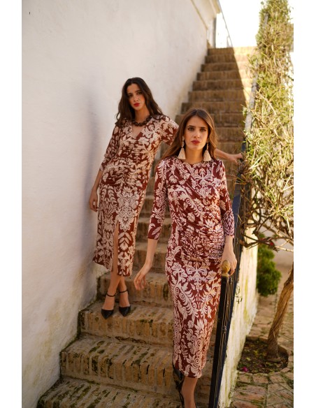 Draped printed knitted dress with long sleeves